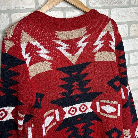 Red Blue Aztec Knit Long Cardigan Sweater with Pockets - Picture 5 of 5